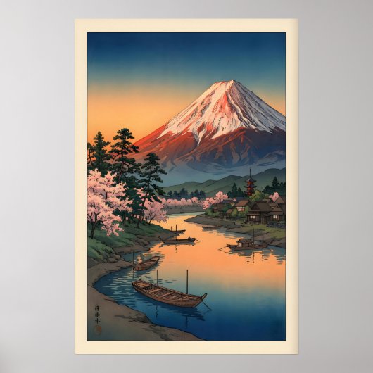 Poster Mount Fuji Sunset Print - Dusky Sky, Mirror-Like (Devant)