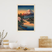 Poster Mount Fuji Sunset Print - Dusky Sky, Mirror-Like (Cuisine)