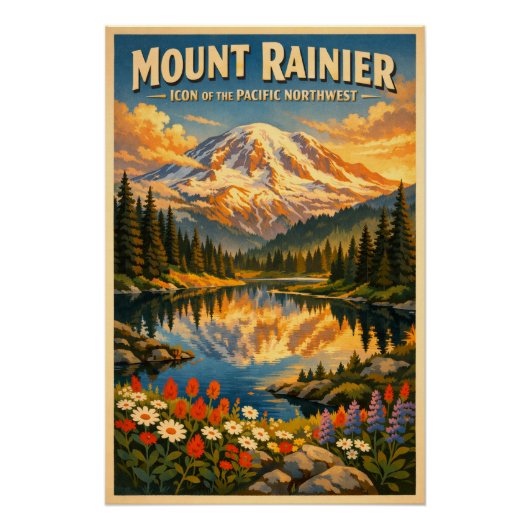 Poster Mount Rainier, Washington, USA, in a classic retro (Devant)