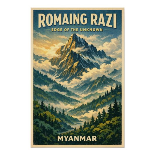 Poster Mount Romaing Razi, Myanmar retro travel (Devant)