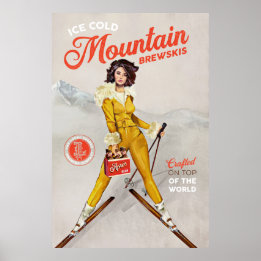 Poster "Mountain Brewskis" Cool Retro Ski Pinup Art