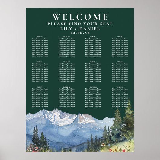 Poster Mountain Floral Emerald Wedding Seating Chart (Devant)