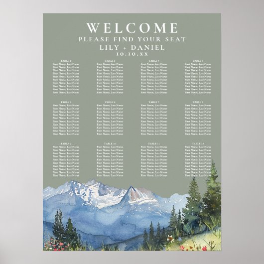 Poster Mountain Floral Sage Green Wedding Seating Chart (Devant)