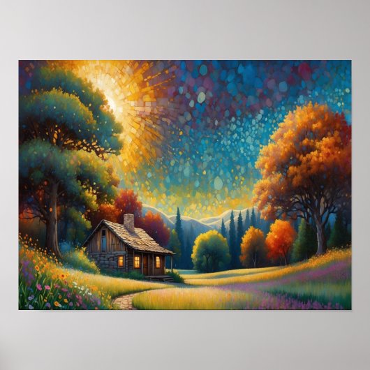 Poster Mountain Forest Cabin Art (Devant)