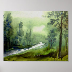 Poster Mountain Forest - Watercolor on Paper Painting