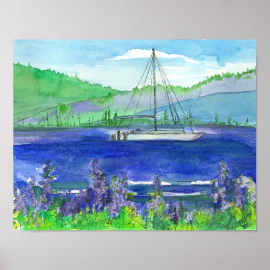 Poster Mountain Lake Catamaran aquarelle peinture (Devant)
