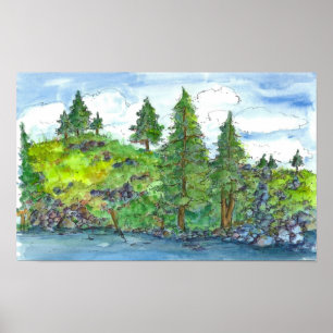 Poster Mountain Lake Trees peinture aquarelle