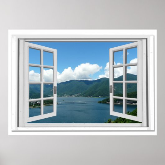 Poster Mountain Lake View Trompe l'oeil Fake Window (Devant)