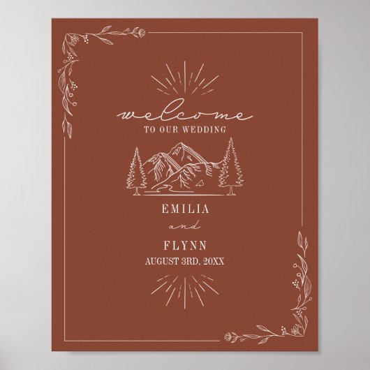 Poster Mountain Line Art Terracotta Mariage Bienvenue (Devant)