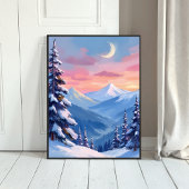 Poster Mountain Moon Winter Watercolor Painting