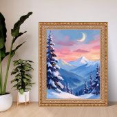 Poster Mountain Moon Winter Watercolor Painting