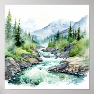 Poster Mountain River Alaska Watercolor Peinture