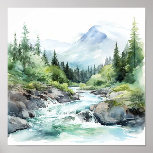 Poster Mountain River Alaska Watercolor Peinture (Devant)