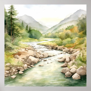Poster Mountain River Alaska Watercolor Peinture