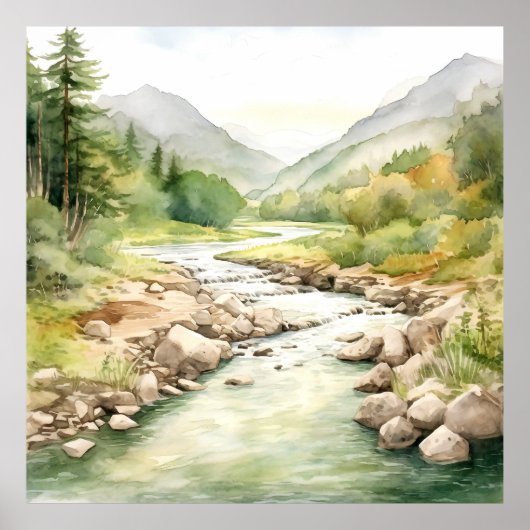 Poster Mountain River Alaska Watercolor Peinture (Devant)