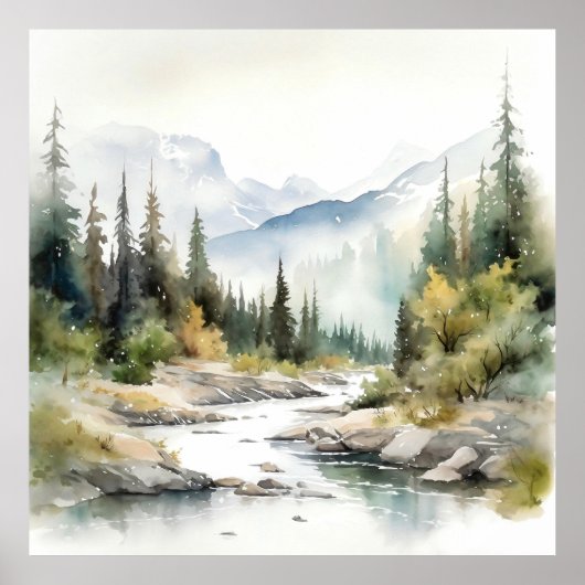 Poster Mountain River Alaska Watercolor Peinture (Devant)