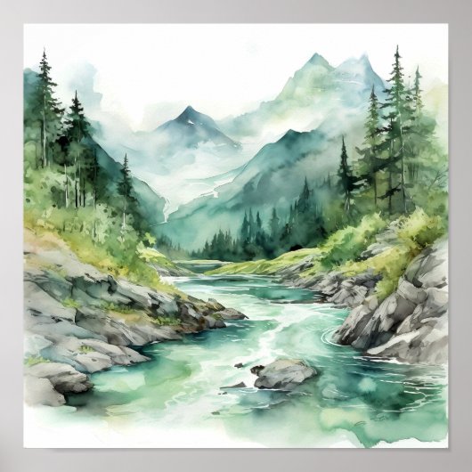 Poster Mountain River Alaska Watercolor Peinture (Devant)