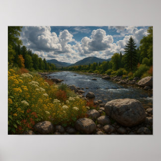 Poster Mountain River Wildflowers Landscape 