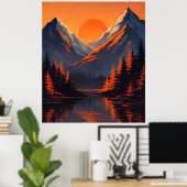 Poster Mountain Sunset Reflection Fiery Orange Sky  (Bureau à domicile)
