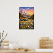 Poster Mountain Sunset Wildflowers Retro Hippie Van Art (Cuisine)