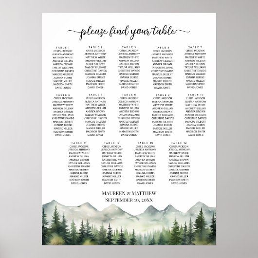 Poster Mountains and Pines 14 Tables Wedding Seating (Devant)