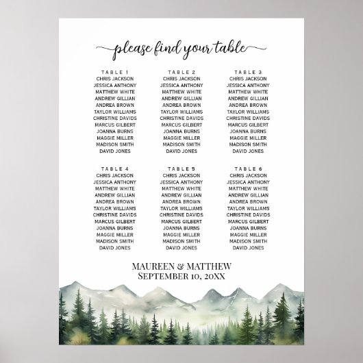 Poster Mountains and Pines 6 Tables Wedding Seating (Devant)