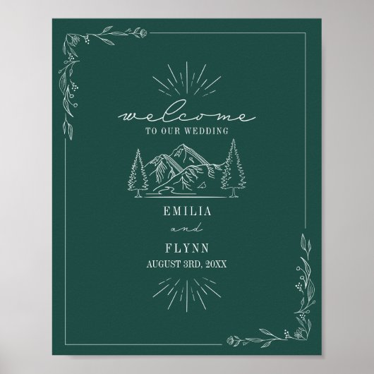 Poster Mountains Line Art Emerald Mariage (Devant)
