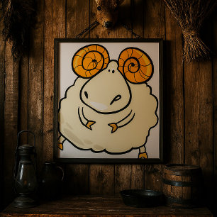Poster Mouton de bande dessinée avec des cornes enroulées
