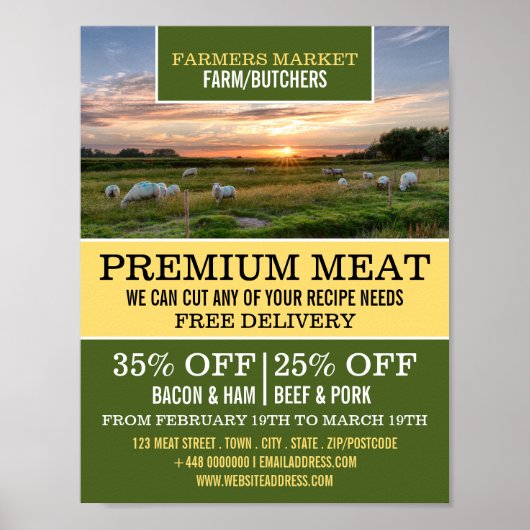 Poster Moutons en campagne, fermiers et boucher Publicité (Devant)