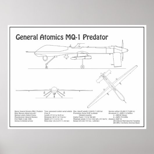Poster MQ-1 Predator UAV- Plan d'avion BD (Devant)