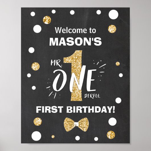 Poster Mr Onederful Birthday Welcome Sign Boy Black Gold (Devant)