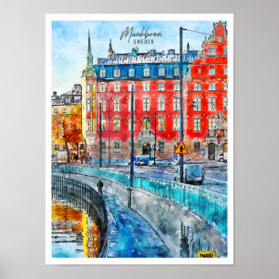 Poster Munkbron Suède aquarelle vintage de voyage