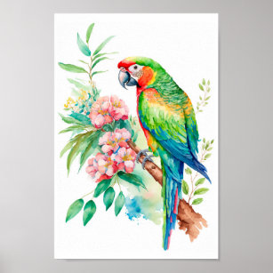 Poster Mur de Macaw Parrot avec imprimé de fleurs tropica