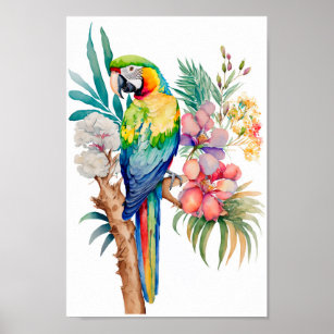 Poster Mur de Macaw Parrot avec imprimé de fleurs tropica