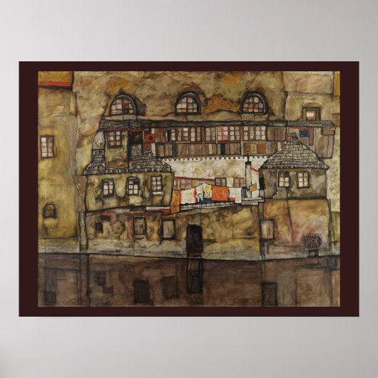 Poster Mur de maison sur la rivière par Egon Schiele (Devant)