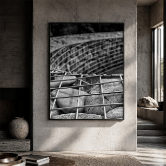 Poster Mur de pierre en gabion gros plan noir et blanc
