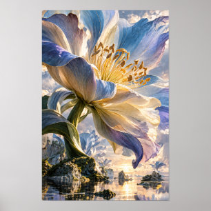 Poster Mur Géant Fleur Fantasy Paysage Bleu et Crème