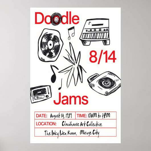 Poster Music Doodle Art Print Retro Vinyl, Cassette (Devant)