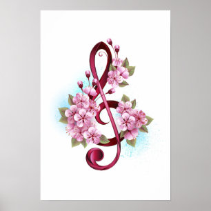 Poster Musical treble clef notes with sakura flowers