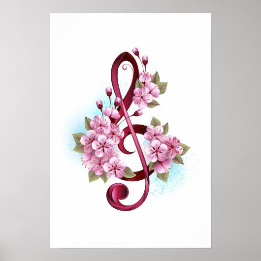 Poster Musical treble clef notes with sakura flowers (Devant)