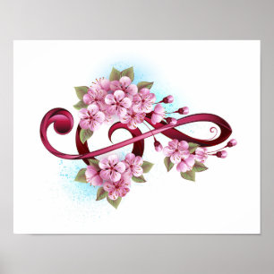 Poster Musical treble clef notes with sakura flowers