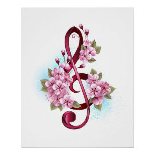 Poster Musical treble clef notes with sakura flowers