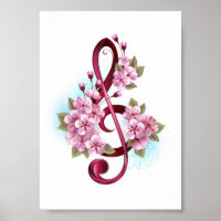 Musical treble clef notes with sakura flowers