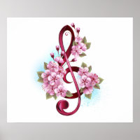 Musical treble clef notes with sakura flowers