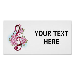 Poster Musical treble clef notes with sakura flowers