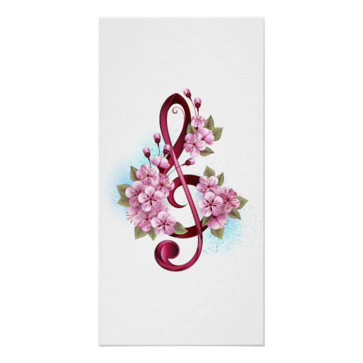 Poster Musical treble clef notes with sakura flowers (Devant)