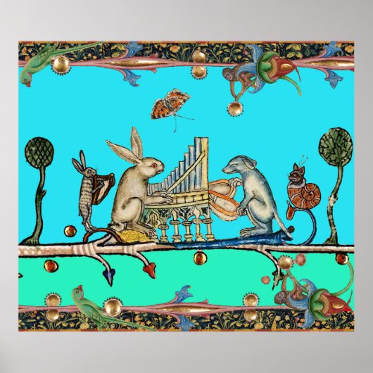 Poster MUSIQUE BESTIAIRE MÉDIÉVAL, Lapin, Chien, Bleu (Devant)