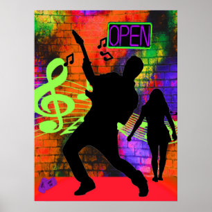 Poster Musique Guitare Homme et fille Neon Couleurs
