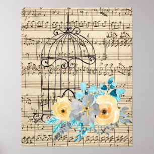 Poster Musique vintage et cage à oiseaux