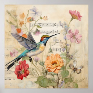 Poster Musique vintage Floral Français Colibri Art